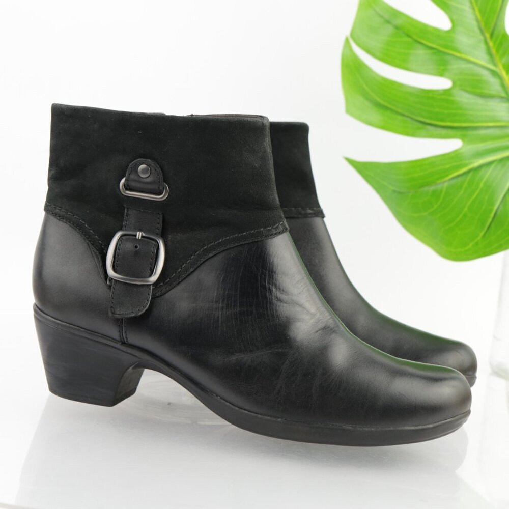 Clarks Womens Ingalls Nile Boot Size 11 M Black Leather Suede Booties Block Heel
